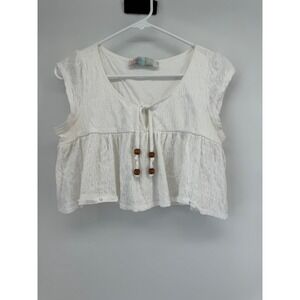 FP Beach Free People White Smocked Crop Top Wooden Bead Tie Front XS